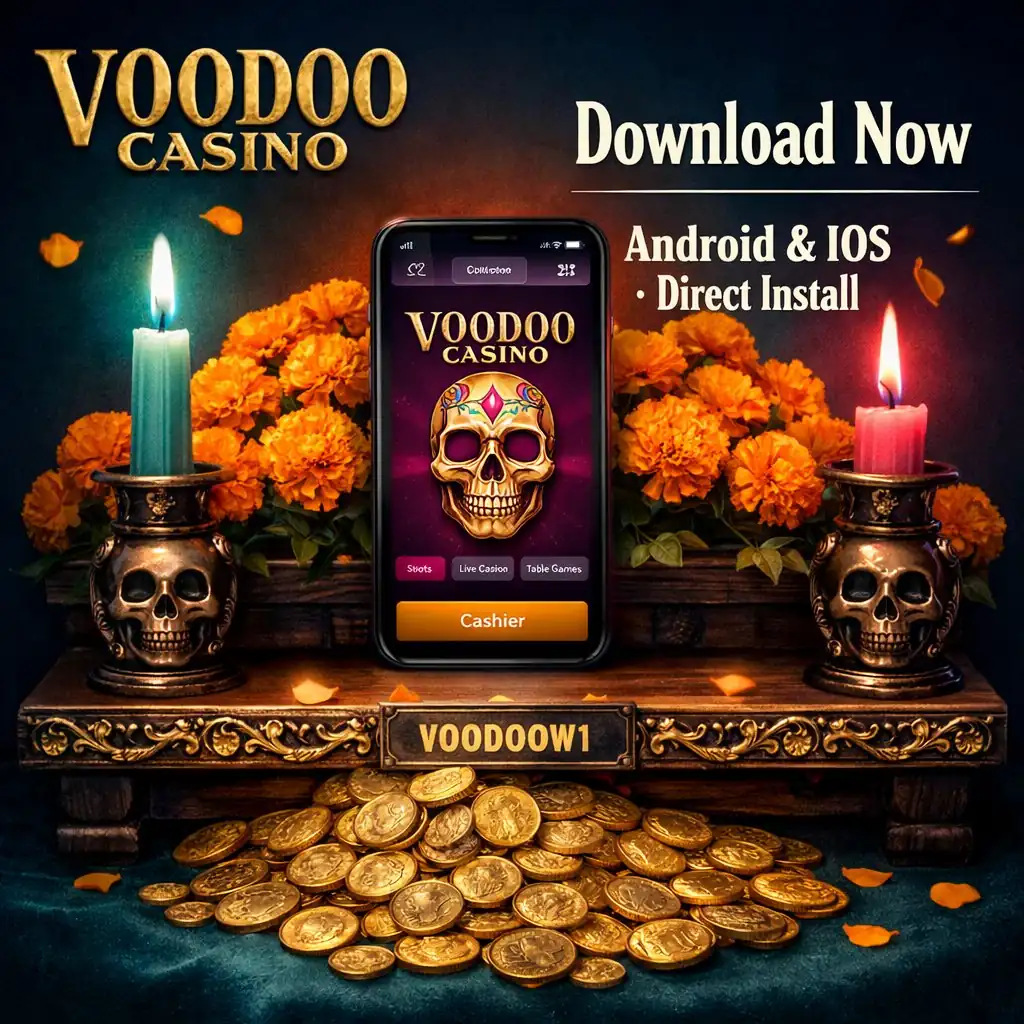 Voodoo Casino app download phone skull altar candles gold teal dark