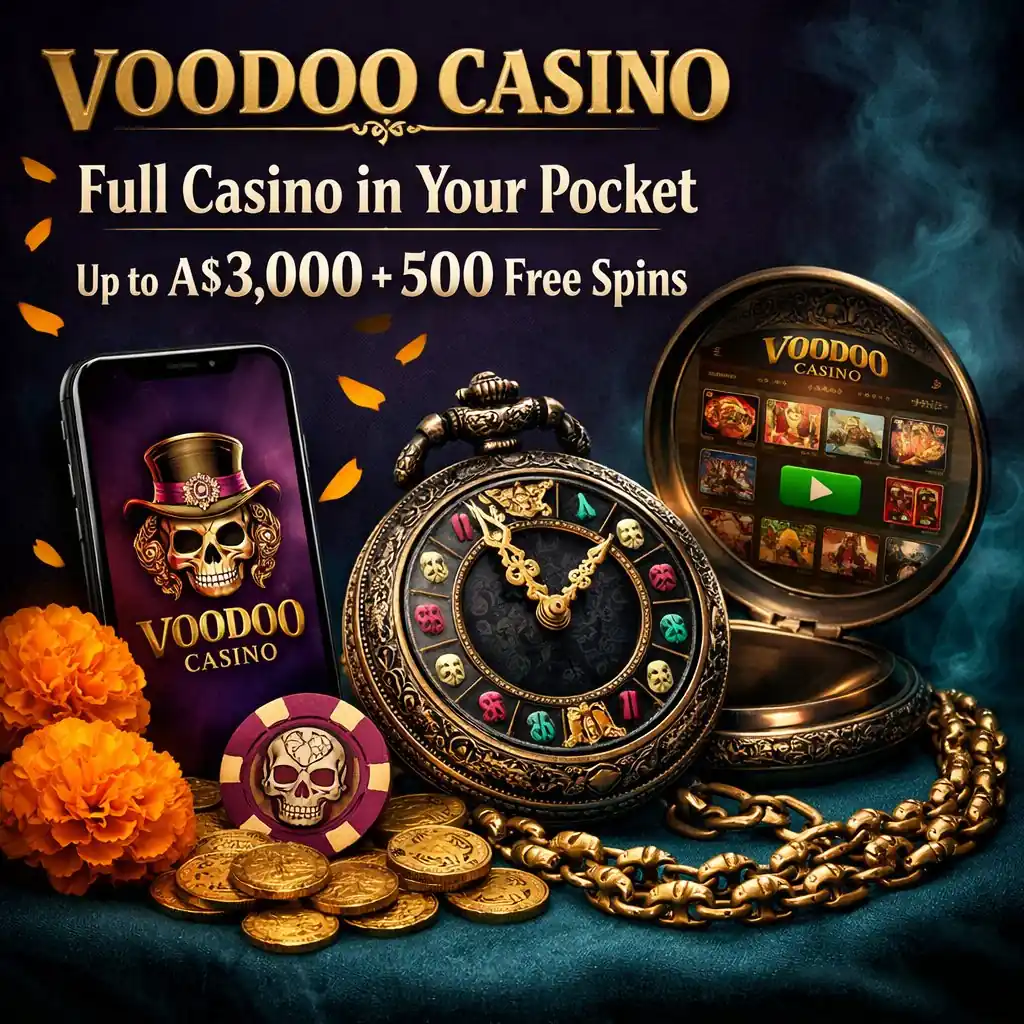 Voodoo Casino app ornate skull pocket watch phone gold coins dark