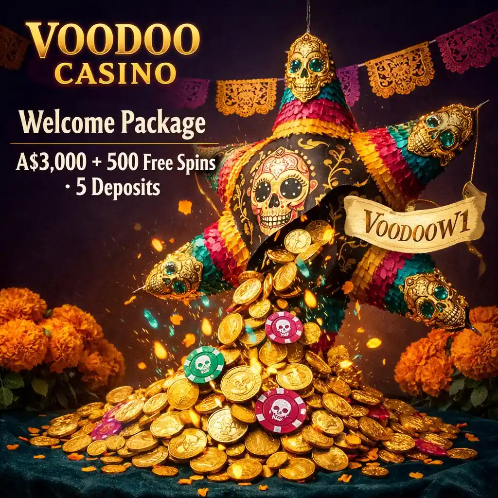 Voodoo Casino bonus ornate skull piñata gold coins marigolds teal dark purple