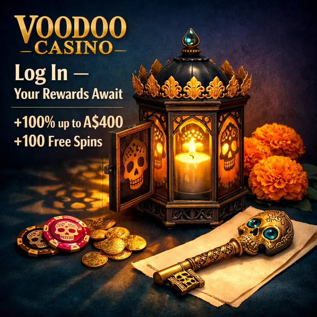 Voodoo Casino login ornate skull lantern golden key dark teal velvet