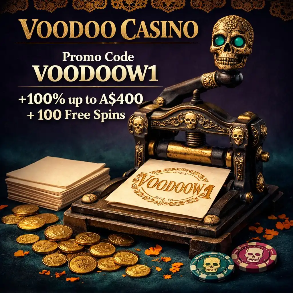 Voodoo Casino promo code VOODOOW1 ornate skull stamp press gold coins dark teal