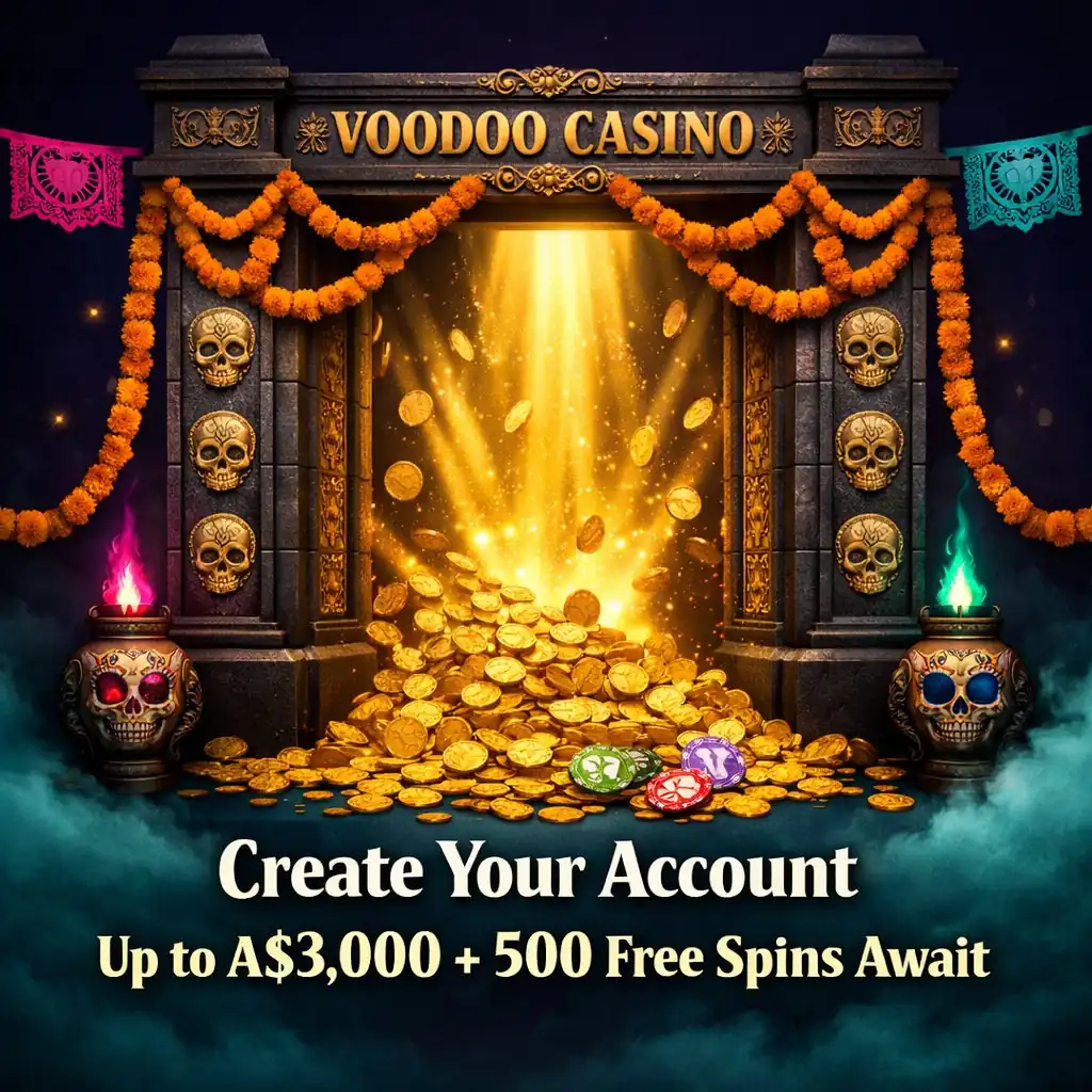 Voodoo Casino register ornate skull gateway pillars gold coins marigolds teal dark