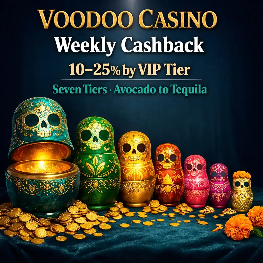 Voodoo Casino cashback VIP seven nested skull matryoshka gold teal dark