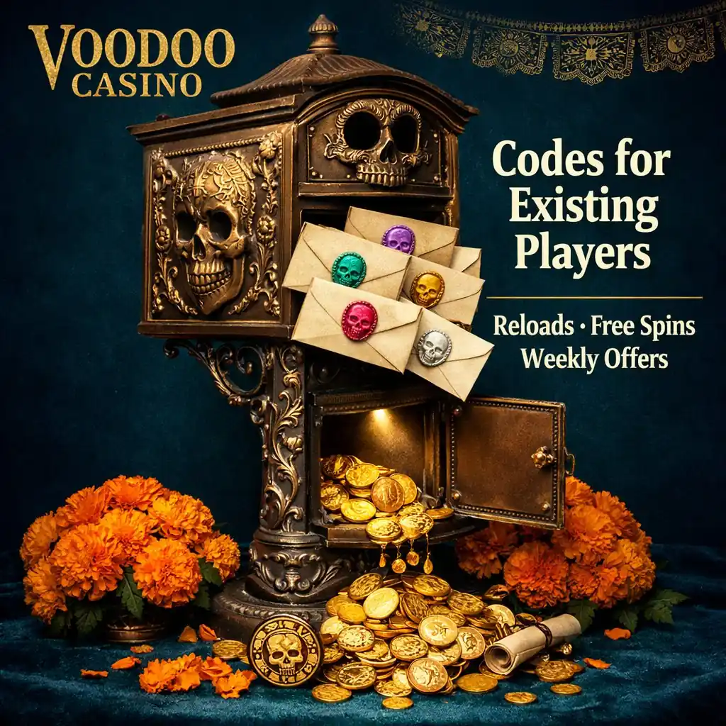 Voodoo Casino existing player codes ornate skull mailbox letters gold dark teal