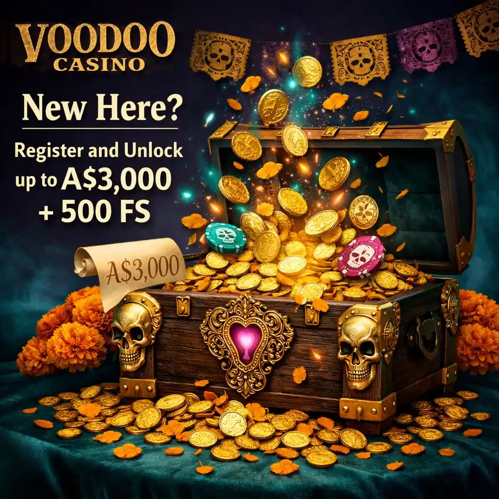 Voodoo Casino register ornate skull treasure chest open gold coins dark teal