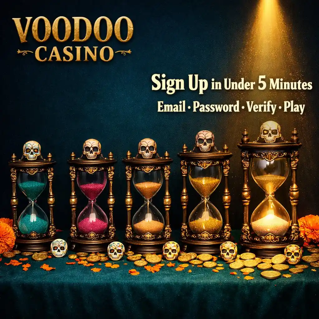Voodoo Casino register five skull hourglasses steps gold coins teal dark