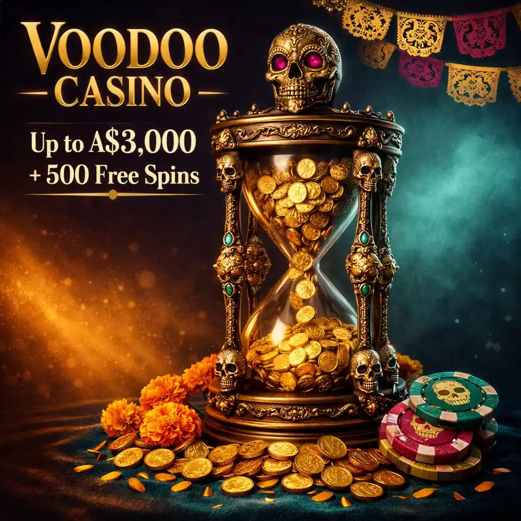 Voodoo Casino welcome bonus ornate skull hourglass gold coins marigolds dark teal