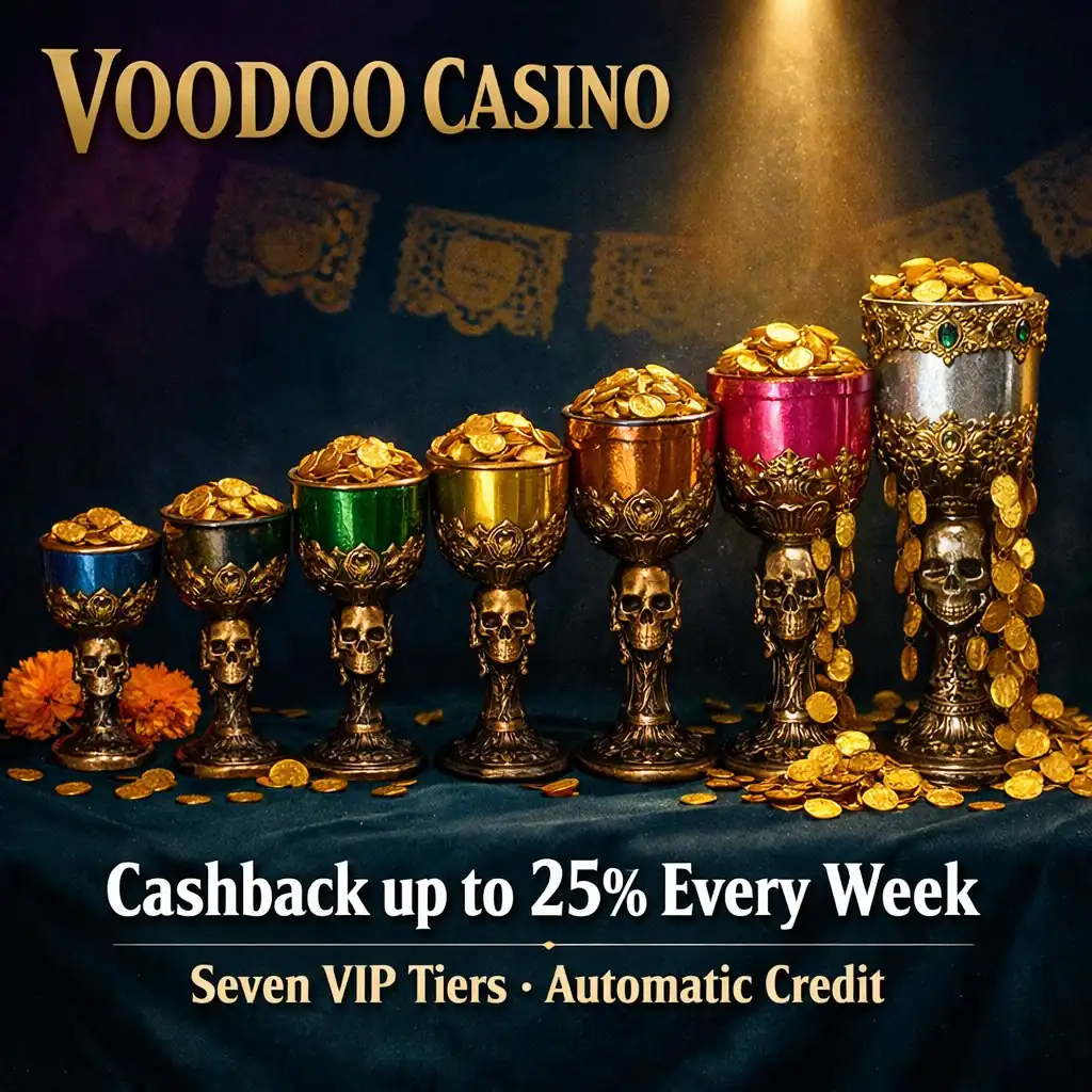 Voodoo Casino cashback VIP seven goblets ascending gold coins dark teal purple