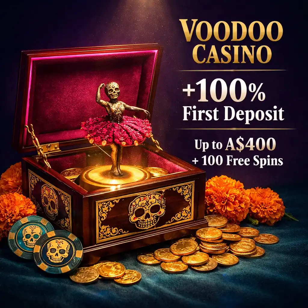 Voodoo Casino first deposit bonus ornate skull music box gold teal magenta dark